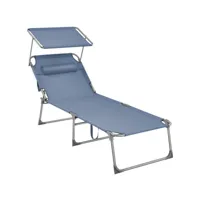 bain de soleil grand, chaise longue pliable, transat, 71 x 200 x 38 cm, capacité de charge 150 kg, avec pare-soleil, dossier inclinable, pour jardin, piscine, terrasse, bleu