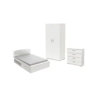 chambre complète adulte life - lit + commode + armoire - décor blanc - demeyere dem13928