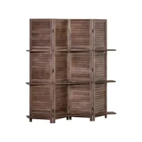 paravent intérieur 4 panneaux 3 étagères pliables séparateur de pièce portes persiennes bois de paulownia aspect acajou foncé