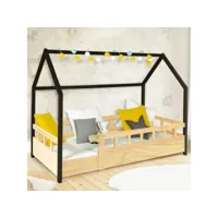 lit cabane enfant 80 x 160 cm neree bois et noir avec sommier et barrières