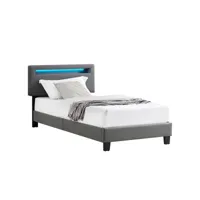 lit led simple 90x190 cm avec sommier, tête de lit réglable en hauteur, en synthétique gris, evan