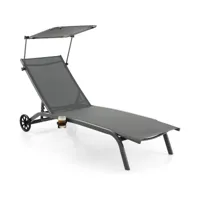 giantex chaise longue avec pare-soleil réglable-bain de soleil dossier réglable à 6 niveaux avec roulettes-charge 150kg gris