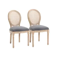 lot de 2 chaises de salle à manger - chaise de salon médaillon style louis xvi - bois massif sculpté, patiné - dossier cannage - aspect lin gris