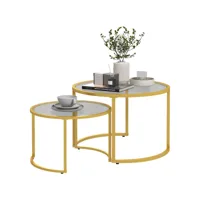 lot de 2 tables basses gigognes rondes style art déco - acier doré verre trempé 5 mm