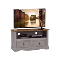 meuble tv ramon banc télévision en pin massif gris et brun avec 2 tiroirs et 1 niche, meuble de rangement style mexicain en bois