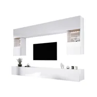 ensemble meuble tv mural, unité murale , blanc mat/blanc brillant, meuble mural à led pour salon
