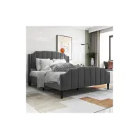 lit double en velours gris 140 x 200 cm avec tête de lit, pied de lit et sommier à lattes moselota
