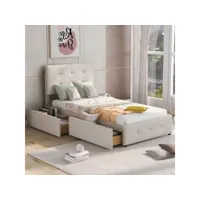 lit simple 90x200 cm en velours lit capitonné lit rembourré scandinave avec 2 tiroirs pour enfant, jeune, adlute - beige