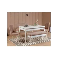 set table extensible, 2 chaises, banc et banquette malva bois blanc et tissu beige