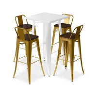 ensemble table blanche et 4 tabourets de bar design industriel - bistrot stylix doré