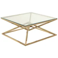 table basse design carré en acier inoxydable poli doré et plateau en verre trempé transparent l. 100 x p. 100 x h. 43 cm collection parma viv-95826