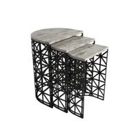 table gigogne 3 pièces arrondie zachem métal noir et bois blanc marbre
