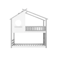lit superposé 90x200cm, lit cabane pour 2 enfants, avec échelle, sommieer à lattes, protection anti-chutes, sans matelas, gris＋blanc