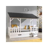 lit cabane enfant avec toit noir en bois 90x200 + tiroir de lit