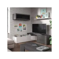 meuble tv modulable angle blanc-gris cendre - xuns - banc tv : l 200 x l 41 x h 44 cm; module supérieur : l 105 x l 32 x h 32 cm ; etagère : l 95 x l 21 x h 3 cm