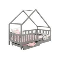 lit cabane alva lit enfant simple asymétrique en bois 90 x 190 cm montessori, avec rangement 2 tiroirs, en pin massif lasuré gris