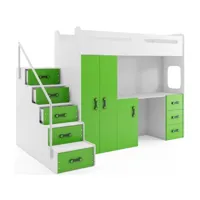 lit mezzanine max 4 en 80x200 avec bureau, armoire, matelas, sommier et escalier en blanc+vert 5902730654179