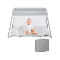 costway lit parapluie bébé avec matelas doux & lavable, parc pliable bébé avec fermeture eclair, sac de transport, charge 15kg pour bébé de 1-3 ans (gris clair)