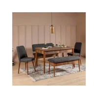 set table extensible, 2 chaises, banc et banquette malva bois foncé et tissu anthracite