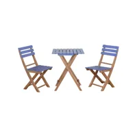ensemble bistro de jardin 3 pièces pliantes style colonial 2 chaises + table bois pin pré-huilé peint bleu