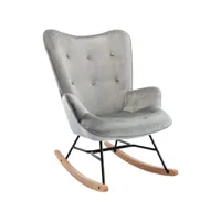 fauteuil à bascule rocking chair bouton décoratif en tissu velours gris clair confortable et design fab10072