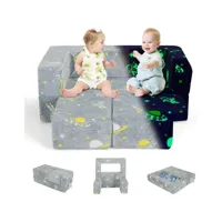 giantex canapé convertible pour enfants 2 places avec poufs, dossier-accoudoirs ergonomiques -housse en peluche pour 3 ans+, gris