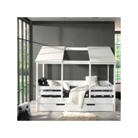 lit cabane enfant avec toit en bois blanc 90x200 + tiroir de lit