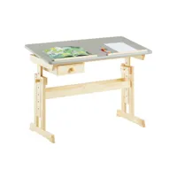 bureau enfant flexi table à dessin réglable en hauteur et pupitre inclinable avec 1 tiroir, en pin massif vernis naturel et gris
