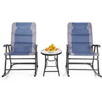 giantex ensemble de jardin 3 pcs table basse en verre avec 2 chaises extérieures à bascule pliables coussins rembourrés bleu