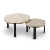 lot de 2 tables basses rondes gigognes en bois et pieds métal noir tiya