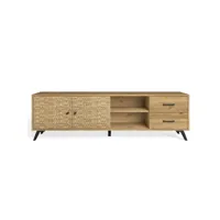 meuble tv 2 portes 2 tiroirs effet chêne naturel - motifs cubiques 180 cm - liam