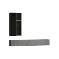ensemble meuble tv mural placard et étagères semi-ouvertes insimul effet béton gris et bois noir