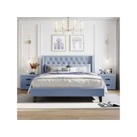 lit adulte 140x200cm + 2 tables de chevet, lit rembourré avec sommier à lattes, tissu en lin, bleu