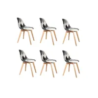 lot de 6 chaises patchwork noir et blanc  h 85 x p 54 x l 46,50 cm  pieds en bois brut  design scandinave
