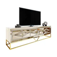 meuble tv design 3 tiroirs en bois mdf laqué beige et miroir bronze avec piètement en acier chromé doré l. 208 x p. 48 x h. 66 cm collection lexus viv-97518