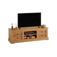 meuble tv kent banc télévision en pin massif finition cirée 144 x 46 x 45 cm, avec 4 tiroirs et 2 niches