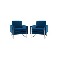 lot de 2 fauteuil moderne en velours avec coussins de siège et de dossier, fauteuil club confortable et rembourré avec pieds en métal, fauteuil canapé touffu, bleu