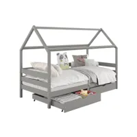 lit cabane clia lit simple pour enfant montessori 90 x 190 cm avec rangement 2 tiroirs et barrières de protection, pin massif gris