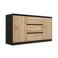 commode 3 tiroirs et 2 portes noir wotan chêne, l : 140 cm, h: 101 cm, p : 39 cm, meuble de rangement