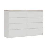 commode 8 tiroirs blanc chêne top, l : 140 cm, h: 101 cm, p : 39 cm, meuble de rangement