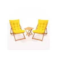 ensemble 2 chaise de jardin et 1 table basse purrault bois massif clair et tissu jaune