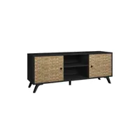 gaddi - meuble tv 136cm 2 portes effet bois noir et bambou tressé