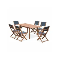 salon de jardin en bois almeria, table 120-180cm rectangulaire, 2 fauteuils et 4 chaises eucalyptus fsc et textilène anthracite