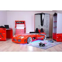 lit voiture de course interactif pour enfant currus bois rouge et led bleu et blanc
