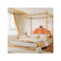 lit enfant 140x100(200) cm, lit gigogne avec sommier à lattes, cadre en pin, tissu en velours, naturel + orange