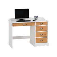 bureau colette rangement avec 5 tiroirs et plateau avec corniche, en pin massif lasuré blanc et brun