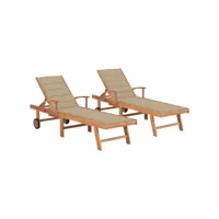 lot de 2 transats chaise longue bain de soleil lit de jardin terrasse meuble d'extérieur avec coussin beige bois de teck solide helloshop26 02_0012026