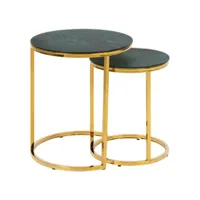 lot de 2 tables d'appoint ronde en marbre et métal - diam.45cm + diam.35cm - doré et vert