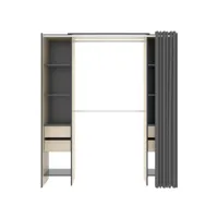 armoire dressing extensible avec rideau + 4 tiroirs coloris naturel/graphite - longueur 100-180 x hauteur 203 x profondeur 50 cm