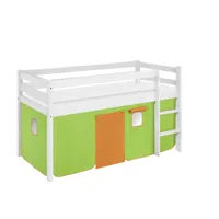 lit surélevé ludique jelle 90x200 cm vert orange - lilokids - blanc laqué - avec rideaux